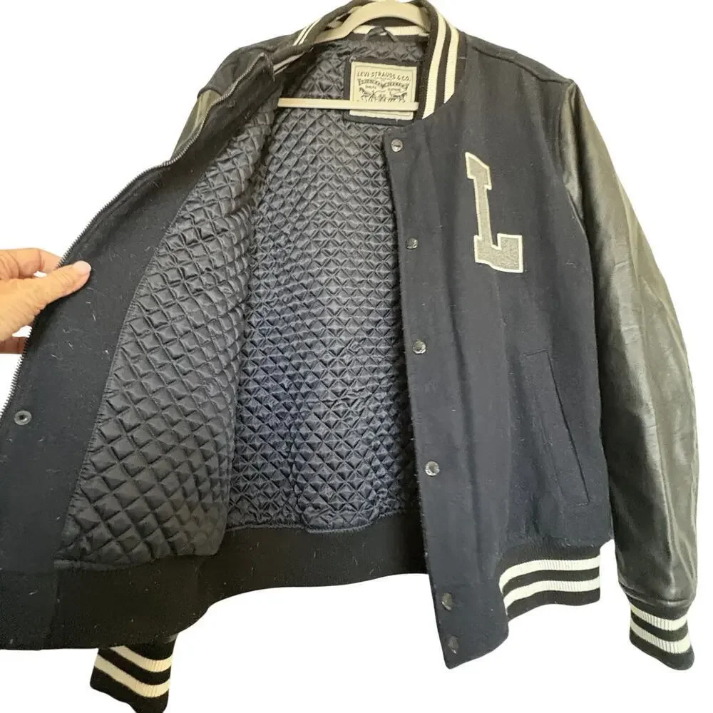 Levi’s Varsity Bomber Jacket L Navy Faux Leather Sleeves 73